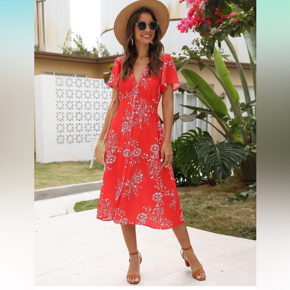 ROYLAMP Floral Button Up Split Short Bell Sleeve Casual Midi Dress with Pockets